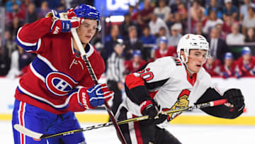 LAVAL, QC - SEPTEMBER 07: Montreal Canadiens Prospect Centre Jesperi Kotkaniemi (15) tries to block Ottawa Senators Prospect Forward Robert Lynch (60) during the Ottawa Senators versus the Montreal Canadiens Rookie Showdown game on September 7, 2018, at Place Bell in Laval, QC (Photo by David Kirouac/Icon Sportswire via Getty Images)