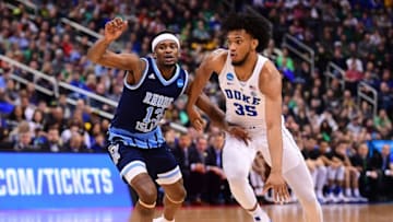 PITTSBURGH, PA - MARCH 17: Marvin Bagley III #35 of the Duke Blue Devils drives to the basket against Stanford Robinson #13 of the Rhode Island Rams in the first half during the game in the second round of the 2018 NCAA Men's Basketball Tournament held at PPG PAINTS Arena on March 17, 2018 in Pittsburgh, Pennsylvania. (Photo by Ben Solomon/NCAA Photos via Getty Images)