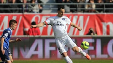 TROYES, FRANCE - MARCH 13: Zlatan Ibrahimovic of PSG in action during the French Ligue 1 match between ESTAC Troyes and Paris Saint-Germain (PSG) at Stade de l'Aube on March 13, 2016 in Troyes, France. (Photo by Jean Catuffe/Getty Images)