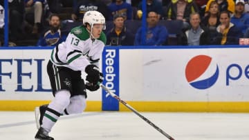 May 9, 2016; St. Louis, MO, USA; Dallas Stars center Mattias Janmark (13) skates with the puck against the St. Louis Blues during there first period in game six of the second round of the 2016 Stanley Cup Playoffs at Scottrade Center. Mandatory Credit: Jasen Vinlove-USA TODAY Sports