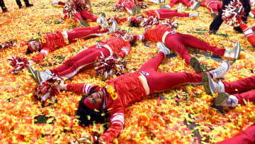 KANSAS CITY, MISSOURI - JANUARY 19: The Kansas City Chiefs cheerleaders celebrate on the field after defeating the Tennessee Titans in the AFC Championship Game at Arrowhead Stadium on January 19, 2020 in Kansas City, Missouri. The Chiefs defeated the Titans 35-24. (Photo by Peter Aiken/Getty Images)