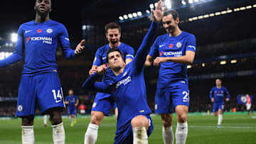 LONDON, ENGLAND - NOVEMBER 05: Alvaro Morata of Chelsea celebrates scoring his sides first goal with his Chelsea team mates during the Premier League match between Chelsea and Manchester United at Stamford Bridge on November 5, 2017 in London, England. (Photo by Darren Walsh/Chelsea FC via Getty Images)