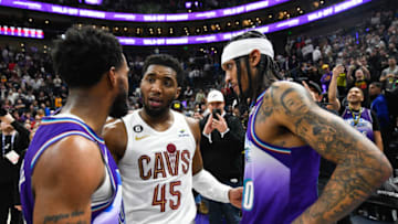 SALT LAKE CITY, UTAH - JANUARY 10: Donovan Mitchell #45 of the Cleveland Cavaliers talks with Mike Conley #11 and Jordan Clarkson #00 of the Utah Jazz after the game at Vivint Arena on January 10, 2023 in Salt Lake City, Utah. NOTE TO USER: User expressly acknowledges and agrees that, by downloading and or using this photograph, User is consenting to the terms and conditions of the Getty Images License Agreement. (Photo by Alex Goodlett/Getty Images)