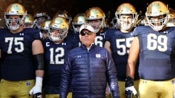 SOUTH BEND, INDIANA - NOVEMBER 16: Head coach Brian Kelly of the Notre Dame Fighting Irish looks on before the game against the Navy Midshipmen at Notre Dame Stadium on November 16, 2019 in South Bend, Indiana. (Photo by Dylan Buell/Getty Images)