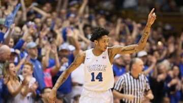 Jan 9, 2016; Durham, NC, USA; Duke Blue Devils guard Brandon Ingram (14) reacts after hitting a three point shot in their game against the Virginia Tech Hokies at Cameron Indoor Stadium. Mandatory Credit: Mark Dolejs-USA TODAY Sports
