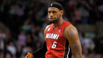 LeBron James #6 of the Miami Heat reacts after scored the winning basket during a game against the Boston Celtics(Photo by J Rogash/Getty Images)