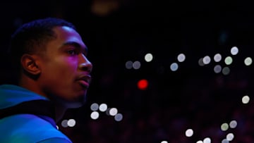 Theo Maledon #11 of the Oklahoma City Thunder stands on the court before the start of the NBA game against the Phoenix Suns at Footprint Center on December 23, 2021 in Phoenix, Arizona. NOTE TO USER: User expressly acknowledges and agrees that, by downloading and or using this photograph, User is consenting to the terms and conditions of the Getty Images License Agreement. (Photo by Christian Petersen/Getty Images)