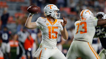 Nov 21, 2020; Auburn, Alabama, USA; Tennessee Volunteers quarterback Harrison Bailey (15) drops back to pass against the Auburn Tigers during the fourth quarter at Jordan-Hare Stadium. Mandatory Credit: John Reed-USA TODAY Sports
