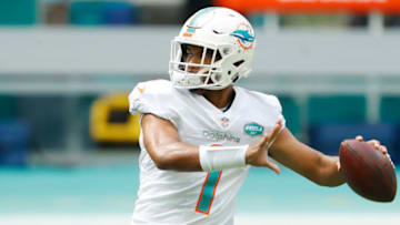 MIAMI GARDENS, FLORIDA - SEPTEMBER 20: Tua Tagovailoa #1 of the Miami Dolphins warms up prior to the game against the Buffalo Bills at Hard Rock Stadium on September 20, 2020 in Miami Gardens, Florida. (Photo by Michael Reaves/Getty Images)