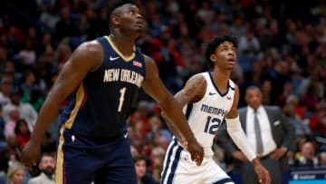 NEW ORLEANS, LOUISIANA - JANUARY 31: Zion Williamson #1 of the New Orleans Pelicans and Ja Morant #12 of the Memphis Grizzlies: (Photo by Sean Gardner/Getty Images)