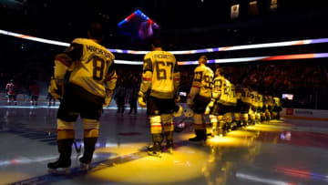LAS VEGAS, NV - NOVEMBER 23: Vegas Golden Knights players stand at attention during the national anthem prior to a game against the Calgary Flames at T-Mobile Arena on November 23, 2018 in Las Vegas, Nevada. (Photo by David Becker/NHLI via Getty Images)