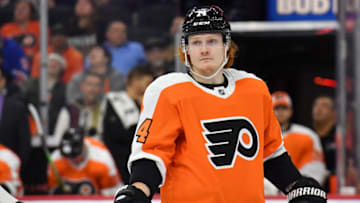 Apr 13, 2022; Philadelphia, Pennsylvania, USA; Philadelphia Flyers right wing Owen Tippett (74) against the New York Rangers at Wells Fargo Center. Mandatory Credit: Eric Hartline-USA TODAY Sports