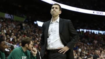 Apr 9, 2016; Atlanta, GA, USA; Boston Celtics head coach Brad Stevens reacts to a play in the third quarter of their game against the Atlanta Hawks at Philips Arena. The Hawks won 118-107. Mandatory Credit: Jason Getz-USA TODAY Sports