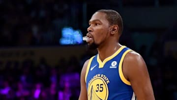 LOS ANGELES, CA - DECEMBER 18: Kevin Durant #35 of the Golden State Warriors looks in the first quarter against the Los Angeles Lakers at Staples Center on December 18, 2017 in Los Angeles, California. (Photo by Harry How/Getty Images)