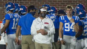 Nov 14, 2020; Oxford, Mississippi, USA; Mississippi Rebels head coach Lane Kiffin looks on during the first half against the South Carolina Gamecocks at Vaught-Hemingway Stadium. Mandatory Credit: Justin Ford-USA TODAY Sports