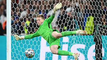 LONDON, ENGLAND - JULY 11: Jordan Pickford of England jumps for a penalty during the UEFA Euro 2020 Championship Final between Italy and England at Wembley Stadium on July 11, 2021 in London, England. (Photo by GES-Sportfoto/Getty Images)