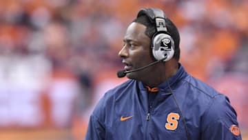 Oct 15, 2016; Syracuse, NY, USA; Syracuse Orange head coach Dino Babers looks on from the sideline during the third quarter in a game against the Virginia Tech Hokies at the Carrier Dome. Syracuse won 31-17. Mandatory Credit: Mark Konezny-USA TODAY Sports