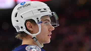 Apr 5, 2022; Philadelphia, Pennsylvania, USA; Columbus Blue Jackets defenseman Jake Bean (22) against the Philadelphia Flyers at Wells Fargo Center. Mandatory Credit: Eric Hartline-USA TODAY Sports