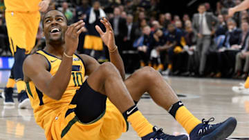 SALT LAKE CITY, UT - DECEMBER 7: Alec Burks #10 of the Utah Jazz reacts to a foul called against the Houston Rockets in the second half of the 112-101 win by the Rockets at Vivint Smart Home Arena on December 7, 2017 in Salt Lake City, Utah. NOTE TO USER: User expressly acknowledges and agrees that, by downloading and or using this photograph, User is consenting to the terms and conditions of the Getty Images License Agreement. (Photo by Gene Sweeney Jr./Getty Images)