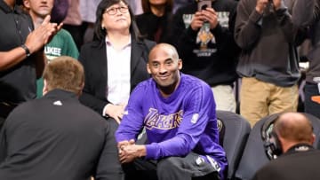 Feb 22, 2016; Milwaukee, WI, USA; Los Angeles Lakers forward Kobe Bryant (24) is surrounded by media for his introduction before game against the Milwaukee Bucks at BMO Harris Bradley Center. Mandatory Credit: Benny Sieu-USA TODAY Sports