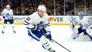 BOSTON, MA - APRIL 11: Jake Gardiner #51 of the Toronto Maple Leafs skates with the puck in the first period of a game against the Boston Bruins in Game One of the Eastern Conference First Round during the 2019 NHL Stanley Cup Playoffs at TD Garden on April 11, 2019 in Boston, Massachusetts. (Photo by Adam Glanzman/Getty Images)