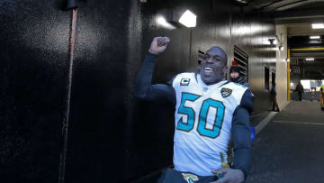 PITTSBURGH, PA - JANUARY 14: Telvin Smith #50 of the Jacksonville Jaguars reacts as he walks off the field at the conclusion of the Jacksonville Jaguars 45-42 win over the Pittsburgh Steelers in the AFC Divisional Playoff game at Heinz Field on January 14, 2018 in Pittsburgh, Pennsylvania. (Photo by Brett Carlsen/Getty Images)