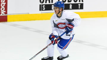 BROSSARD, QC - JULY 04: Montreal Canadiens Rookie center Joni Ikonen (76) skating with the puck during the Montreal Canadiens Development Camp on July 4, 2017, at Bell Sports Complex in Brossard, QC (Photo by David Kirouac/Icon Sportswire via Getty Images)