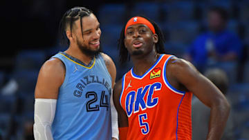 Grizzlies forward Dillon Brooks (24) and OKC Thunder forward Luguentz Dort (5) : Justin Ford-USA TODAY Sports
