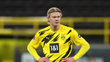 DORTMUND, GERMANY - MARCH 13: Erling Haaland of Borussia Dortmund reacts during the Bundesliga match between Borussia Dortmund and Hertha BSC at Signal Iduna Park on March 13, 2021 in Dortmund, Germany. Sporting stadiums around Germany remain under strict restrictions due to the Coronavirus Pandemic as Government social distancing laws prohibit fans inside venues resulting in games being played behind closed doors. (Photo by Lars Baron/Getty Images)