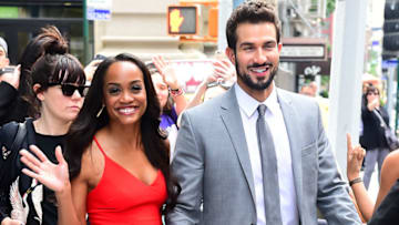 NEW YORK, NY - AUGUST 08: Bachelorette's Rachel Lindsay and her fiance, Bryan Abasolo are seen outside Aol Live'on August 8, 2017 in New York City. (Photo by Raymond Hall/GC Images)