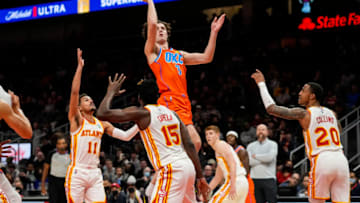 OKC Thunder guard Josh Giddey (3) shoots over Atlanta Hawks center Clint Capela (15) : Dale Zanine-USA TODAY Sports