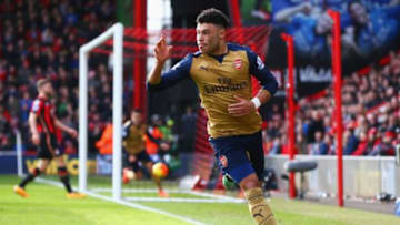 BOURNEMOUTH, ENGLAND - FEBRUARY 07: Alex Oxlade-Chamberlain of Arsenal celebrates as he scores their second goal during the Barclays Premier League match between A.F.C. Bournemouth and Arsenal at the Vitality Stadium on February 7, 2016 in Bournemouth, England. (Photo by Matthew Lewis/Getty Images)
