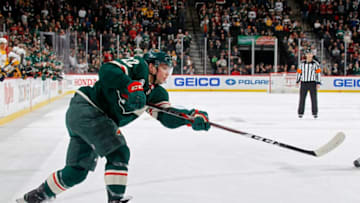ST. PAUL, MN - MARCH 25: Kevin Fiala #22 of the Minnesota Wild takes a shot on goal during a game with the Nashville Predators at Xcel Energy Center on March 25, 2019 in St. Paul, Minnesota. (Photo by Bruce Kluckhohn/NHLI via Getty Images)