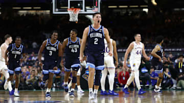 NEW ORLEANS, LOUISIANA - APRIL 02: Collin Gillespie #2 of the Villanova Wildcats reacts in the first half of the game against the Kansas Jayhawks during the 2022 NCAA Men's Basketball Tournament Final Four semifinal at Caesars Superdome on April 02, 2022 in New Orleans, Louisiana. (Photo by Tom Pennington/Getty Images)