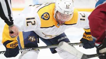 DENVER, CO - APRIL 22: Mike Fisher #12 of the Nashville Predators awaits a face-off against the Colorado Avalanche in Game Six of the Western Conference First Round during the 2018 NHL Stanley Cup Playoffs at the Pepsi Center on April 22, 2018 in Denver, Colorado. (Photo by Michael Martin/NHLI via Getty Images)
