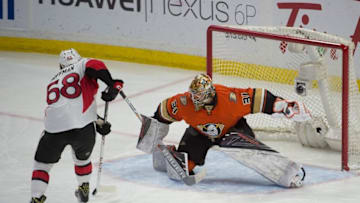 Mar 26, 2016; Ottawa, Ontario, CAN; Anaheim Ducks goalie Frederik Andersen (31) makes a save on a penalty shot from Ottawa Senators left wing Mike Hoffman (68) in the third period at the Canadian Tire Centre. The Ducks defeated the Senators 4-3 in overtime. Mandatory Credit: Marc DesRosiers-USA TODAY Sports
