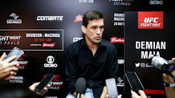 SAO PAULO, BRAZIL - OCTOBER 26: Welterweight contender Demian Maia talks to the press during the Ultimate Media Day at the Matsubara Hotel for the UFC Fight Night Sao Paulo on October 26, 2017 in Sao Paulo, Brazil. (Photo by Alexandre Schneider/Zuffa LLC via Getty Images)