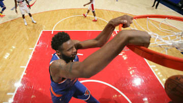 WASHINGTON, DC - OCTOBER 01: Mitchell Robinson #26 of the New York Knicks goes in for the dunk against the Washington Wizards during a pre-season game on October 1, 2018 at Capital One Arena in Washington, DC. NOTE TO USER: User expressly acknowledges and agrees that, by downloading and/or using this photograph, user is consenting to the terms and conditions of the Getty Images License Agreement. Mandatory Copyright Notice: Copyright 2018 NBAE (Photo by Ned Dishman/NBAE via Getty Images)
