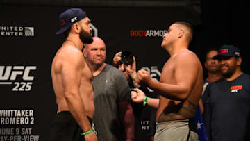 CHICAGO, ILLINOIS - JUNE 08: (L-R) Opponents Andrei Arlovski of Belarus and Tai Tuivasa of Australia face off during the UFC 225 weigh-in at the United Center on June 8, 2018 in Chicago, Illinois. (Photo by Josh Hedges/Zuffa LLC/Zuffa LLC via Getty Images)