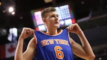 Nov 10, 2015; Toronto, Ontario, CAN; New York Knicks forward Kristaps Porzingis (6) during their game against the Toronto Raptors at Air Canada Centre. The Knicks beat the Raptors 111-109. Mandatory Credit: Tom Szczerbowski-USA TODAY Sports