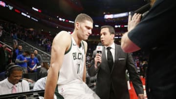 DETROIT, MI - APRIL 20: Brook Lopez #11 of the Milwaukee Bucks speaks with the media after Game Three of Round One of the 2019 NBA Playoffs on April 20, 2019 at the Little Caesars Arena in Detroit, Michigan. NOTE TO USER: User expressly acknowledges and agrees that, by downloading and or using this photograph, user is consenting to the terms and conditions of the Getty Images License Agreement. Mandatory Copyright Notice: Copyright 2019 NBAE (Photo by Brian Sevald/NBAE via Getty Images)