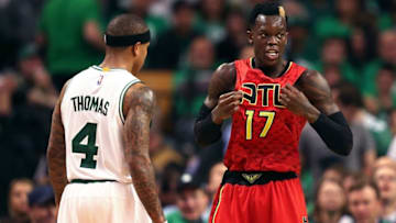 Apr 28, 2016; Boston, MA, USA; Boston Celtics guard Isaiah Thomas (4) and Atlanta Hawks guard Dennis Schroder (17) speak during the second half in game six of the first round of the NBA Playoffs at TD Garden. Mandatory Credit: Mark L. Baer-USA TODAY Sports
