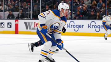 Dec 7, 2022; Columbus, Ohio, USA; Buffalo Sabres right wing Victor Olofsson (71) controls the puck against the Columbus Blue Jackets during the first period at Nationwide Arena. Mandatory Credit: Russell LaBounty-USA TODAY Sports