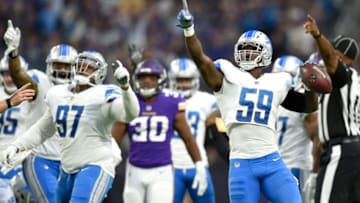 MINNEAPOLIS, MN - OCTOBER 1: Tahir Whitehead #59 of the Detroit Lions signals a turnover after recovering a fumble by Dalvin Cook #33 of the Minnesota Vikings in the third quarter of the game on October 1, 2017 at U.S. Bank Stadium in Minneapolis, Minnesota. (Photo by Hannah Foslien/Getty Images)