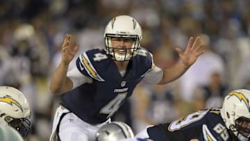 Aug 13, 2015; San Diego, CA, USA; San Diego Chargers quarterback Brad Sorensen (4) gestures against the Dallas Cowboys in a preseason NFL football game at Qualcomm Stadium. Mandatory Credit: Kirby Lee-USA TODAY Sports