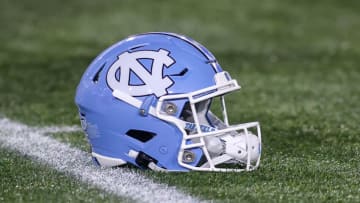 Oct 28, 2023; Atlanta, Georgia, USA; A detailed view of a North Carolina Tar Heels helmet on the field before a game against the Georgia Tech Yellow Jackets at Bobby Dodd Stadium at Hyundai Field. Mandatory Credit: Brett Davis-USA TODAY Sports