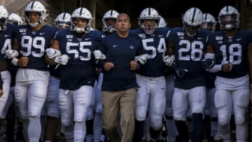 STATE COLLEGE, PA - SEPTEMBER 07: Head coach James Franklin of the Penn State Nittany Lions leads his team to the field before the game against the Buffalo Bulls at Beaver Stadium on September 07, 2019 in State College, Pennsylvania. (Photo by Scott Taetsch/Getty Images)