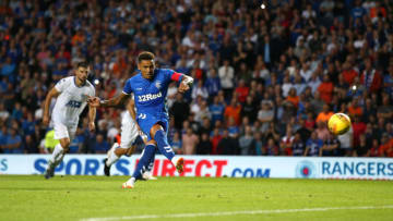 GLASGOW, SCOTLAND - JULY 12: James Tavernier of Rangers scores his sides second goal from the penalty spot during the UEFA Europa League Qualifying Round match between Rangers and Shkupi at Ibrox Stadium on July 12, 2018 in Glasgow, Scotland. (Photo by Jan Kruger/Getty Images)