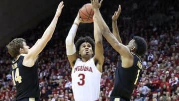 BLOOMINGTON, INDIANA - FEBRUARY 19: Justin Smith #3 of the Indiana Hoosiers shoots the ball against the Purdue Boilermakers at Assembly Hall on February 19, 2019 in Bloomington, Indiana. (Photo by Andy Lyons/Getty Images)