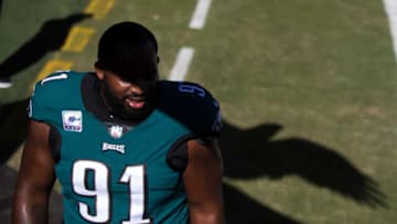 Eagles' Fletcher Cox (91) walks towards the locker room before facing the Baltimore Ravens Sunday, Oct. 18, 2020 at Lincoln Financial Field.Sports Eagles Ravens